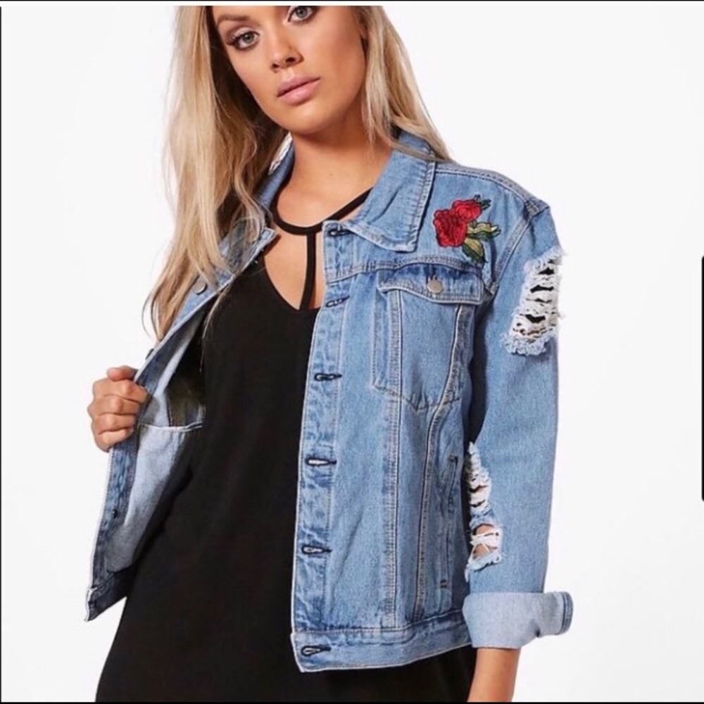 Boohoo Plus Floral Distressed  Denim Jacket